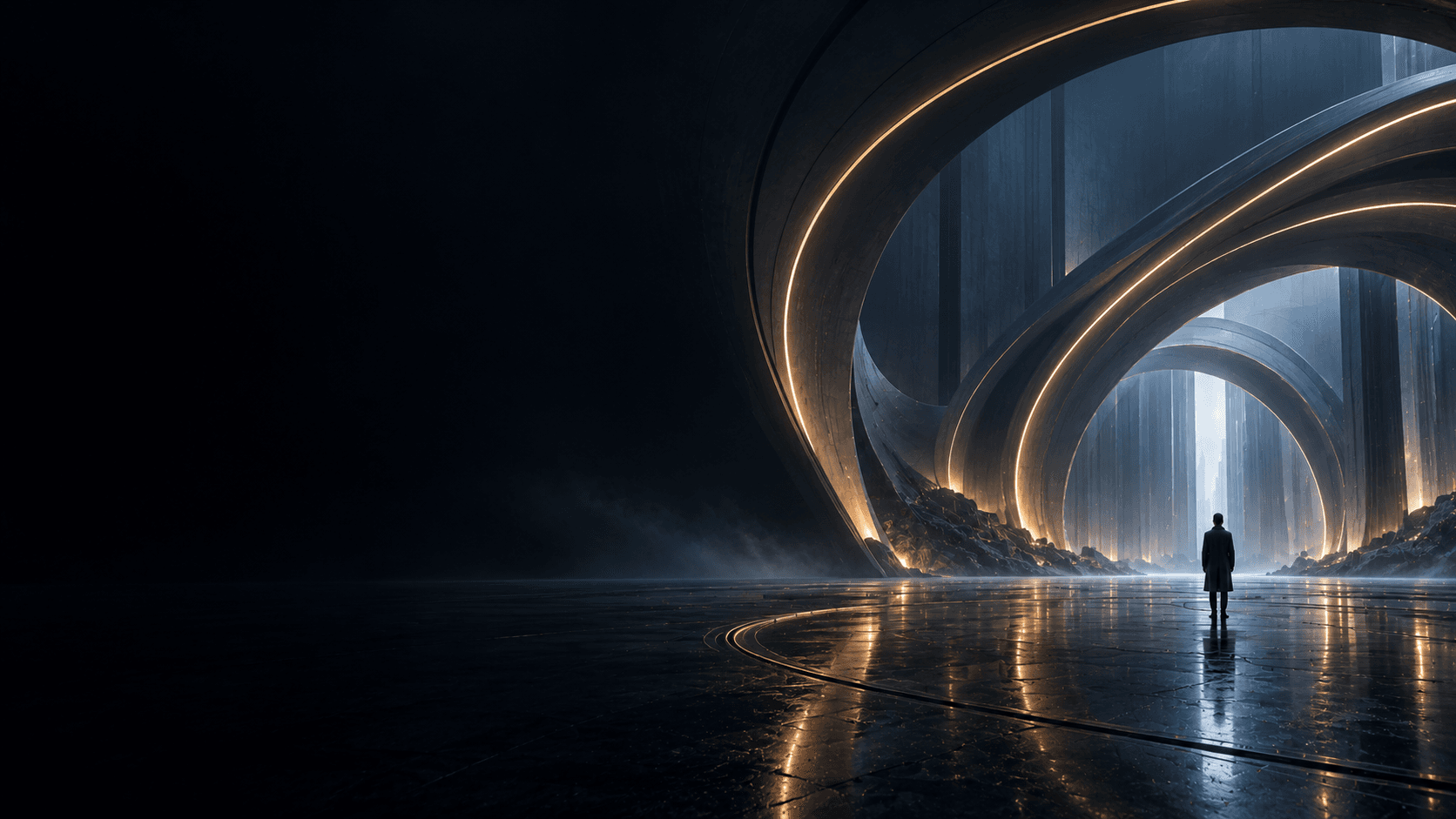 A figure standing in a vast, softly lit architectural hall